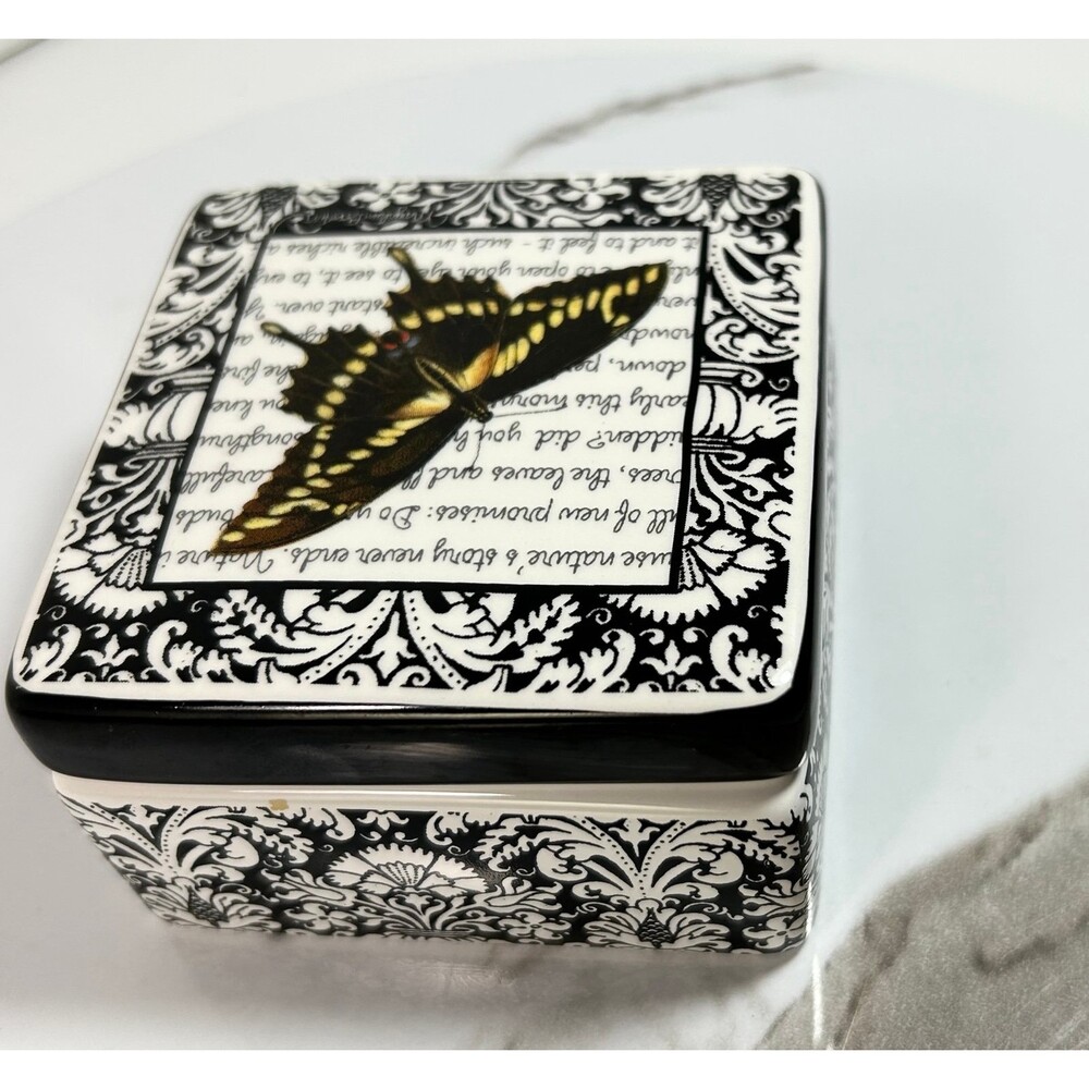 Swallowtail Butterfly ceramic Trinket Jewelry Box Black and White Demdaco